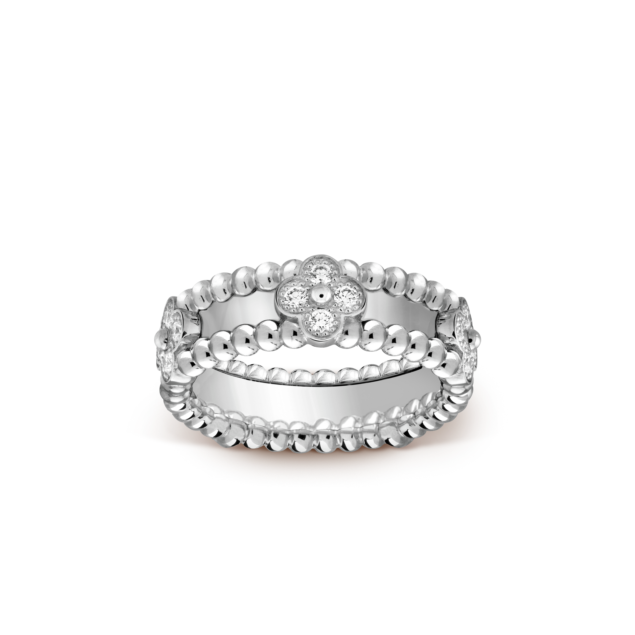 18K White Gold Perlée Clovers Ring