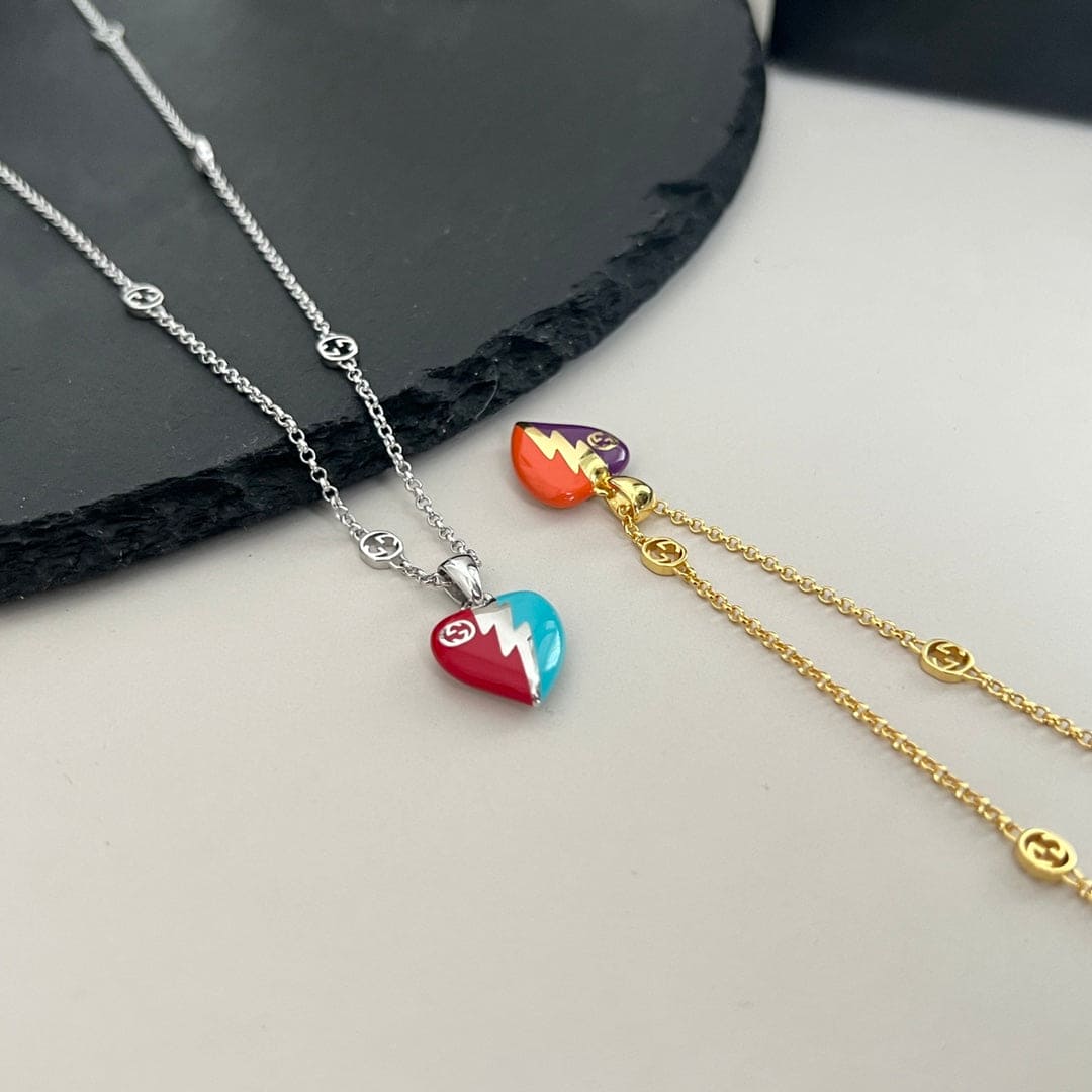 18K GG Interlocking G Heart Lightning Charm Necklace