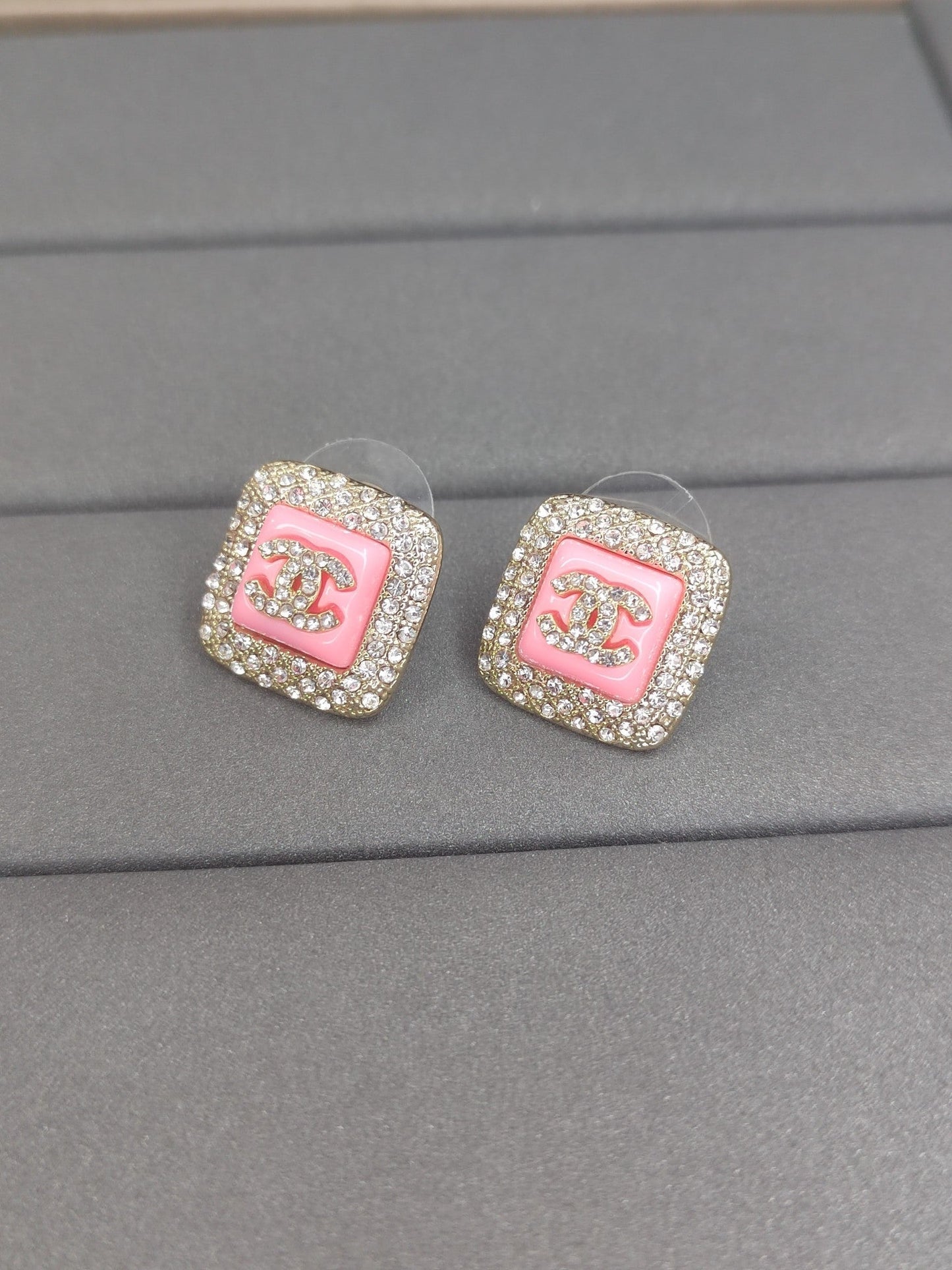 18K CC Diamond Square Pink Earrings