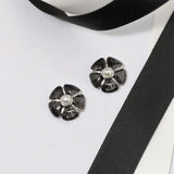 18K CC Black & Pink Camellia Earrings