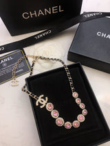 18K CC Pink Crystals Leather Necklace