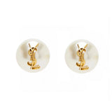 Pair of pearl earrings with gold logo on a white background