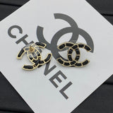 18K CC Black Leather Gold Earrings