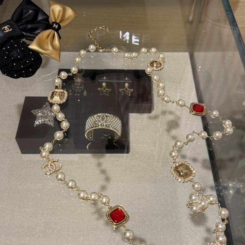 18K CC Long Pearl Red Crystals Necklace