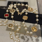 18K CC Long Pearl Red Crystals Necklace