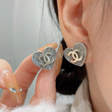 18K CC Diamond Heart Gold Earrings