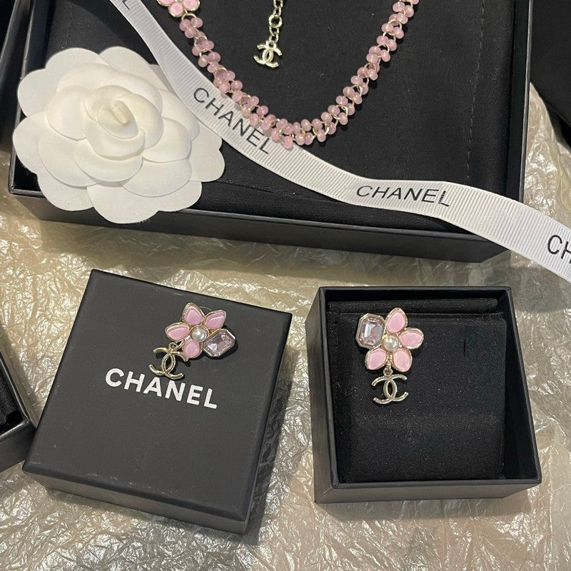 18K CC Pink Flower Gold Earring